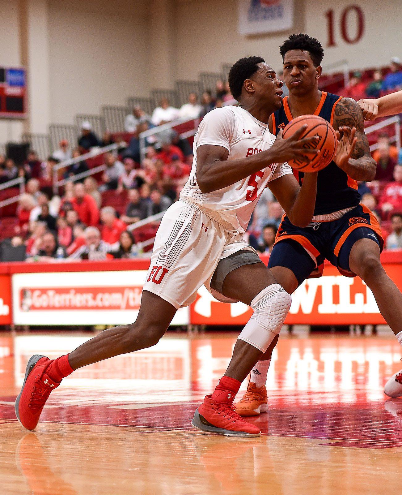 Sophomore Walter Whyte, shown in a January 2018 game against Bucknell University, had a triumphant return from injury, scoring 13 points for Boston University men’s basketball in the first half of their game against Northeastern University on Tuesday. MADDIE MALHOTRA/ DFP FILE 