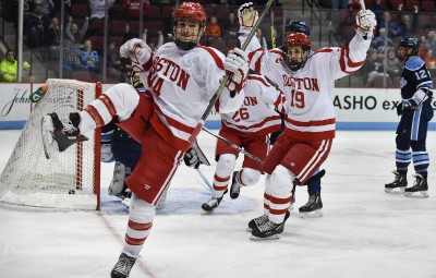 Freshman Bobo Carpenter celebrates his first of two goals in BU's win over Maine. PHOTO BY MADDIE MALHOTRA/DAILY FREE PRESS STAFF