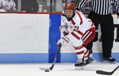 Senior assistant captain Matt Lane had two goals and an assist over the University of Maine on Saturday. PHOTO BY MADDIE MALHOTRA/DAILY FREE PRESS STAFF