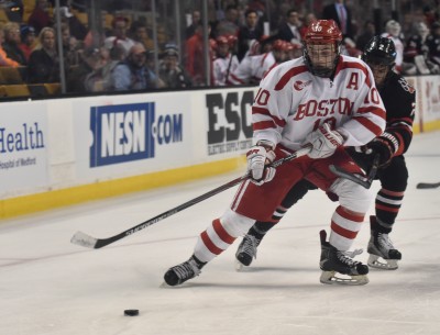 Senior assistant captain Danny O'Regan had a goal and an assist in BU's win over UMass. PHOTO BY MADDIE MALHOTRA/DFP FILE PHOTO