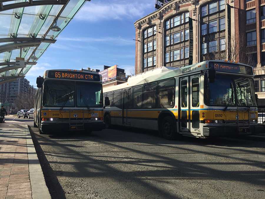 An MBTA bus entering the Kenmore Square stop. PHOTO BY VIVIAN MYRON/ DAILY FREE PRESS STAFF