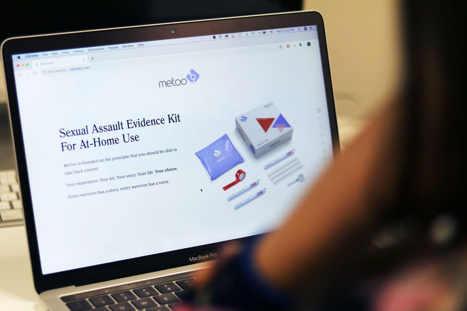 The homepage of MeToo Kit, a company that makes at-home sexual assault evidence collection kits. The Boston Area Rape Crisis Center warns against the use of these kits, claiming the evidence would be inadmissible in court. ILLUSTRATION BY SOFIA KOYAMA/ DAILY FREE PRESS STAFF