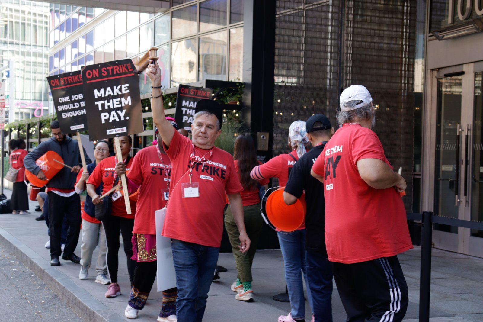 UNITE HERE Local 26 union members picketing outside of W Boston hotel on Tremont Street on Sept. 13. Workers from multiple Boston hotels are engaging in an open-ended strike while they wait for their employers to reach a contract agreement with the UNITE HERE Local 26 union. LAUREN ALBANO/DFP PHOTOGRAPHER