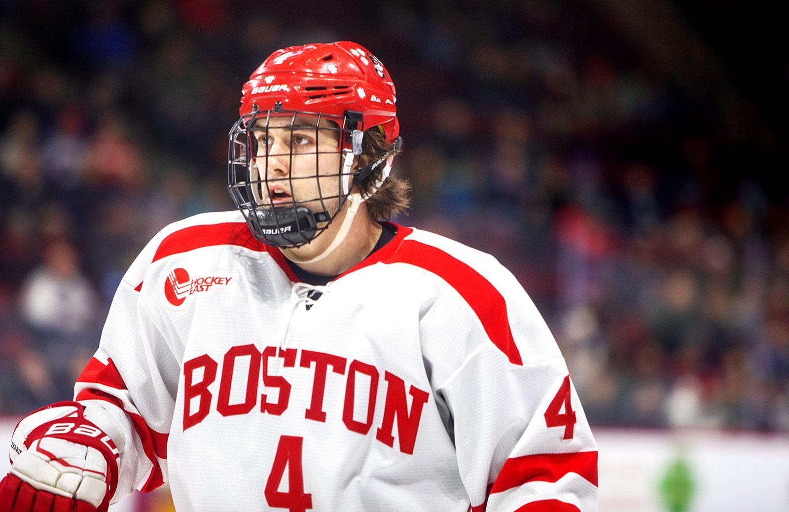 Junior defenseman David Farrance, shown in the Feb. 15 game against the University of New Hampshire, leads Boston University with 40 points and recorded an assist in the team’s loss to Boston College last Saturday. EDWIN J HERNANDEZ/ DFP FILE
