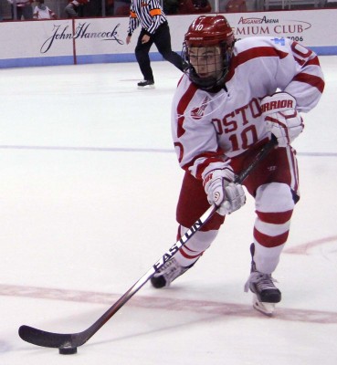 Junior forward Danny O'Regan and his linemates—senior assistant captain Evan Rodrigues and freshman center Jack Eichel—registered nine points against Lowell. PHOTO BY ALEXANDRA WIMLEY/DAILY FREE PRESS STAFF