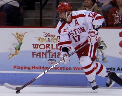 Senior assistant captain Evan Rodrigues scored his 13th of the season Saturday against UNH. PHOTO BY ALEXANDRA WIMLEY/DAILY FREE PRESS STAFF