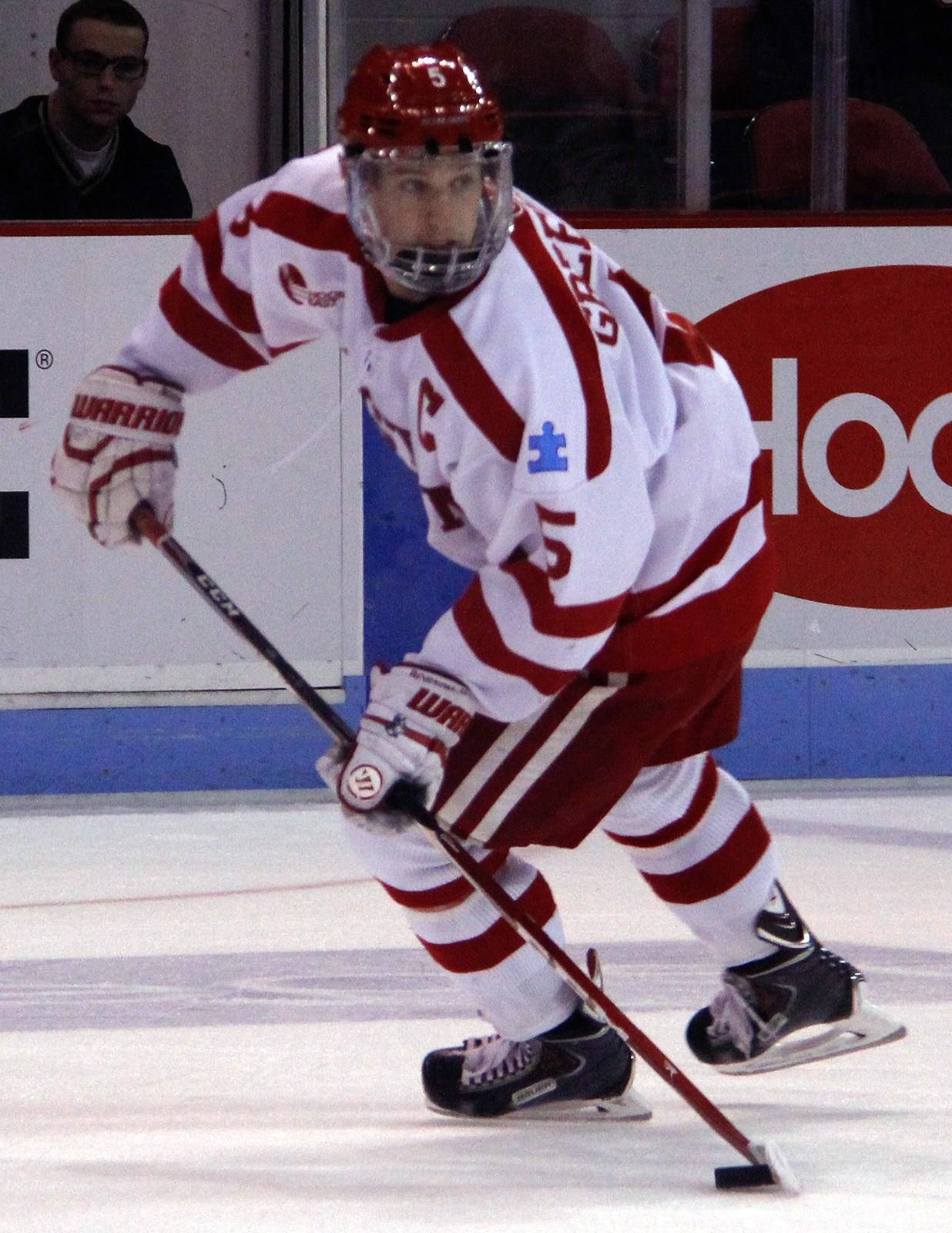 Captain Matt Grzelcyk scored two goals in 14 seconds in BU's loss to UNH on Saturday. 
PHOTO BY ALEXANDRA WIMLEY/DAILY FREE PRESS STAFF