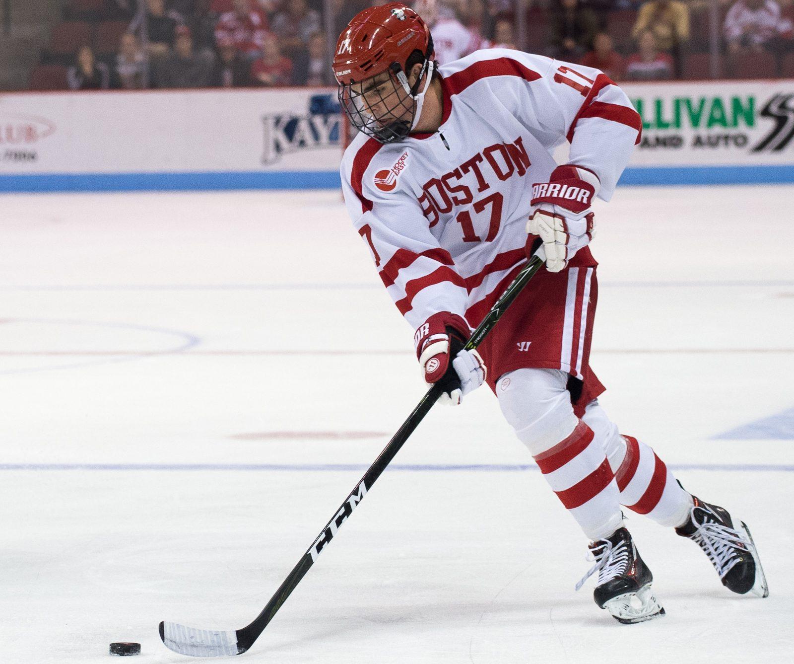 Freshman defenseman Dante Fabbro has blocked seven shots through BU's first three games. PHOTO BY MADDIE MALHOTRA/ DAILY FREE PRESS STAFF 