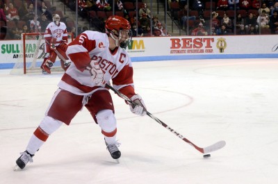 Junior captain Matt Grzelcyk scored his second goal of the year Friday night against UNH. PHOTO BY DANIEL GUAN/DAILY FREE PRESS STAFF