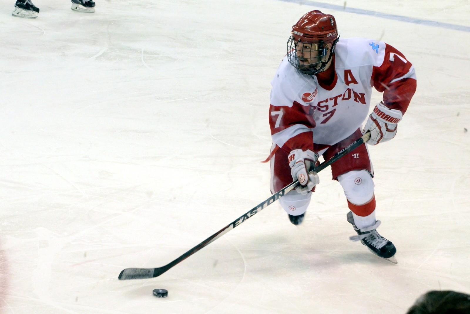 Senior assistant captain Cason Hohmann notched two first-period goals in BU's 6-3 win over UNH.
PHOTO BY DANIEL GUAN/DAILY FREE PRESS STAFF