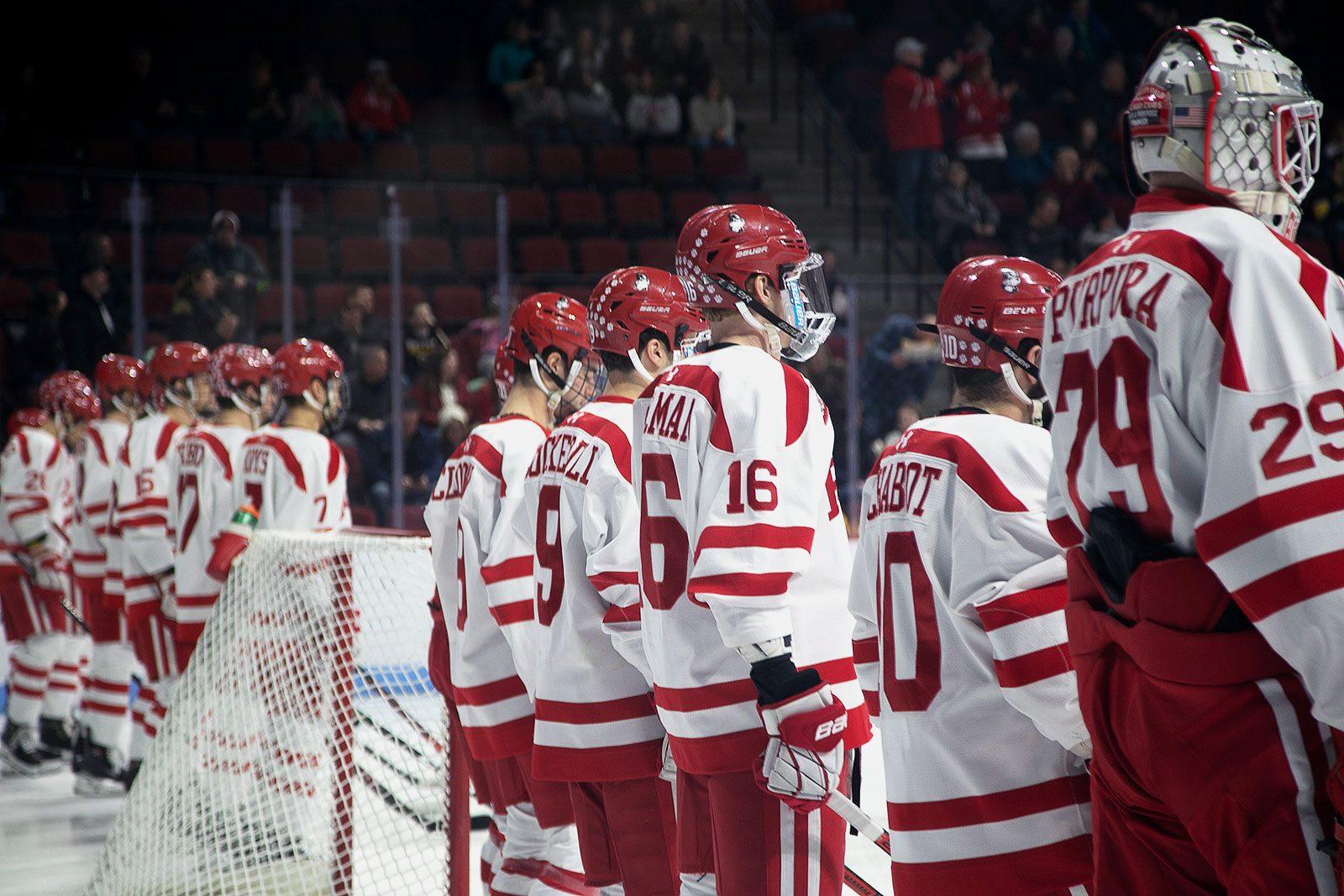 The Boston University men’s ice hockey team, shown above in a game against Merrimack College on March 2, is back on the road this weekend for their matchup with a resurgent University of Maine team. EMILY HUNTER/ DFP FILE