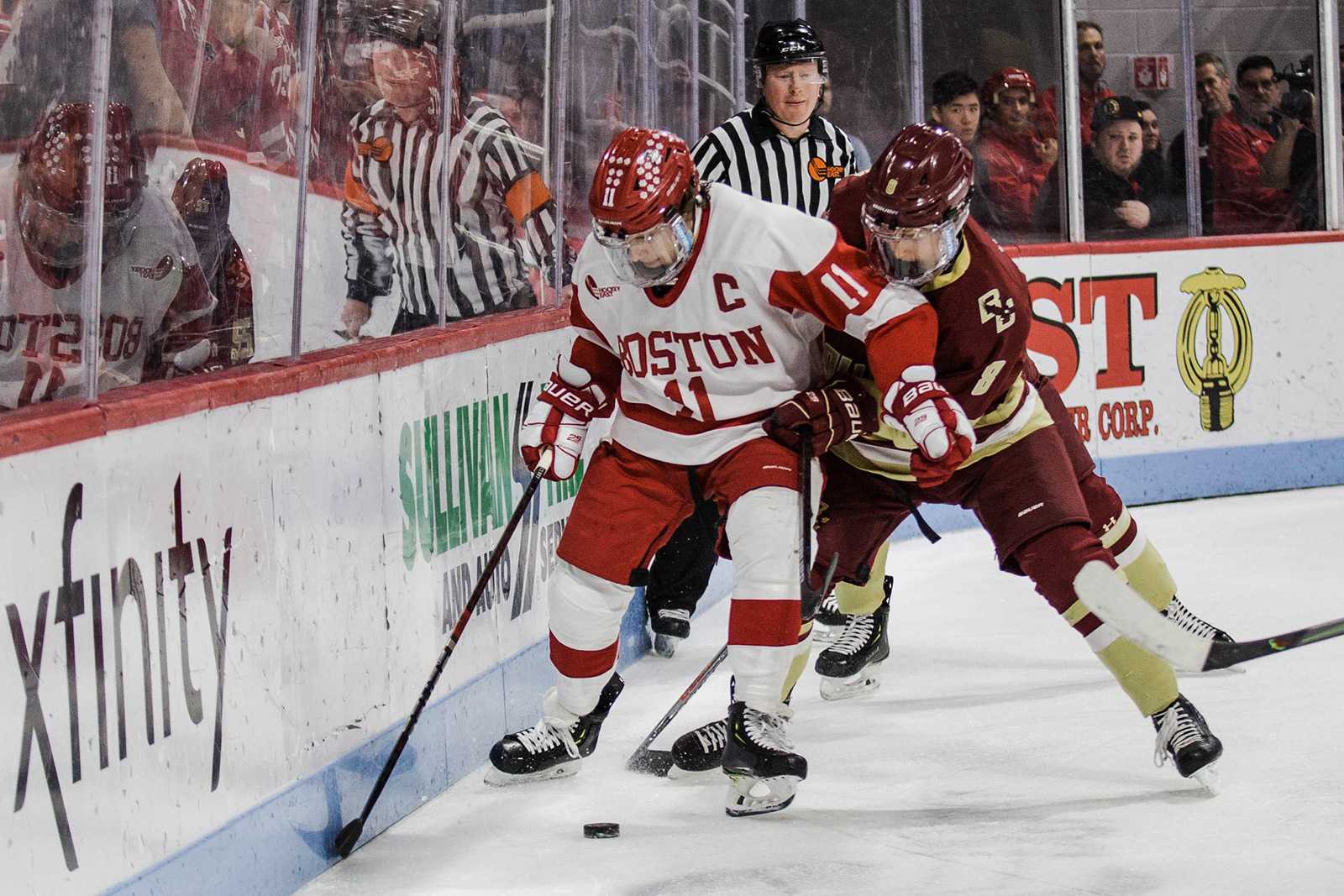 Heading into the final series of the regular season, senior forward and captain Patrick Curry, shown in a Feb. 29 game against Boston College, said the playoffs have already started and the team must prepare to face the best version of each team. HARRIS FREEMAN/ DFP FILE