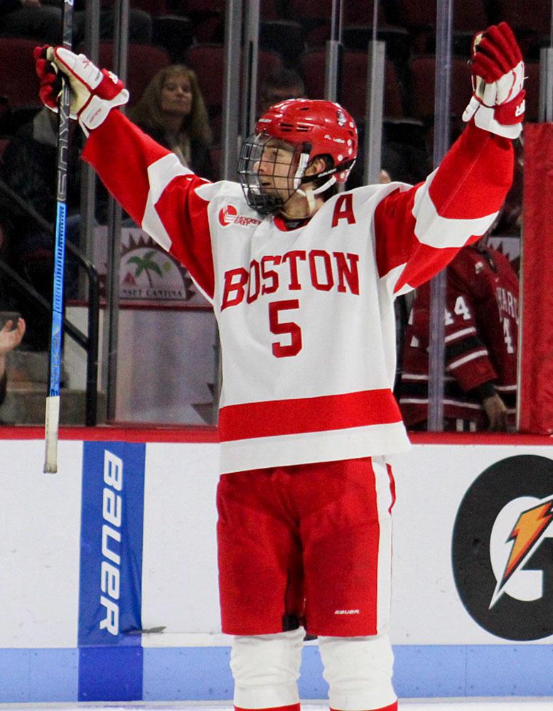 Junior defenseman Cam Crotty got on the scoresheet for Boston University men's ice hockey in the win over Harvard University Wednesday night. JENNA VANSICKLE/ DAILY FREE PRESS STAFF