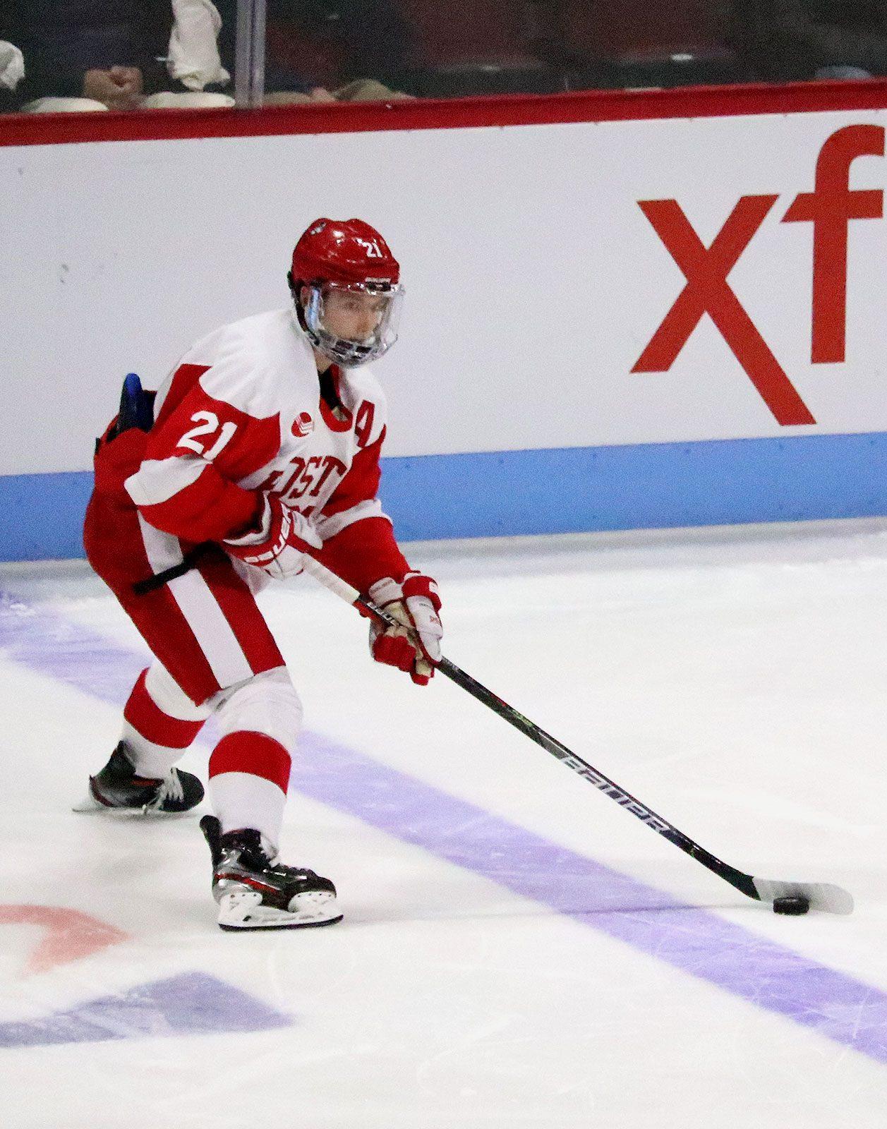 Senior forward Patrick Harper, shown in an Oct. 18 game against Northern Michigan University, leads BU's assists and points charts this season. LIBBY MCCLELLAND/ DFP FILE