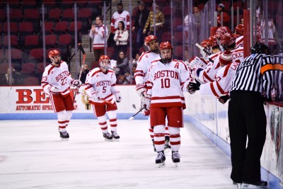 Senior assistant captain Danny O'Regan celebrates after scoring a goal against UMass on Saturday. PHOTO BY SOFI LAURITO/DAILY FREE PRESS STAFF