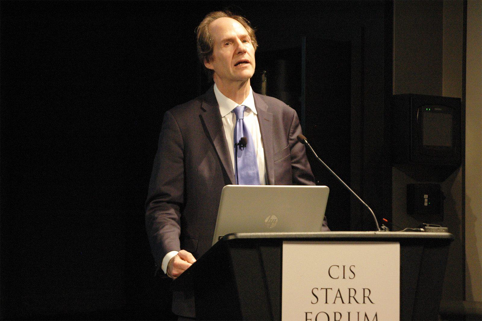 Cass Sunstein, a professor at Harvard Law School, speaks at “Behavioral Science and Nudges,” an environmental sustainability talk at the MIT Bartos Theater Monday afternoon. PHOTO BY ALEX MASSET/ DAILY FREE PRESS STAFF