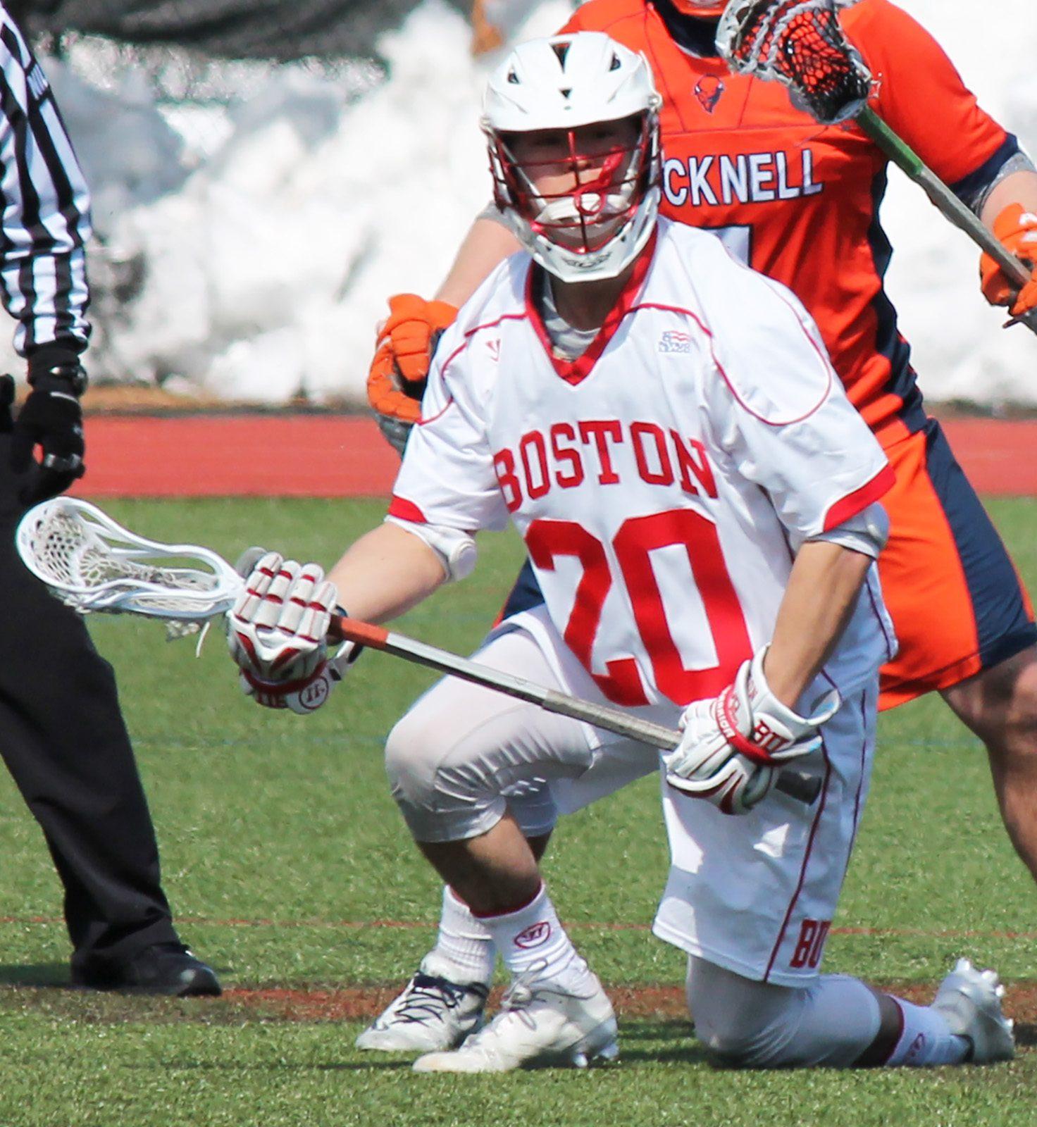 Midfielder and faceoff specialist Joe Stucky has exceeded expectations filling in at the faceoff X for absent senior Sam Talkow. PHOTO BY ABIGAIL FREEMAN/ DAILY FREE PRESS STAFF