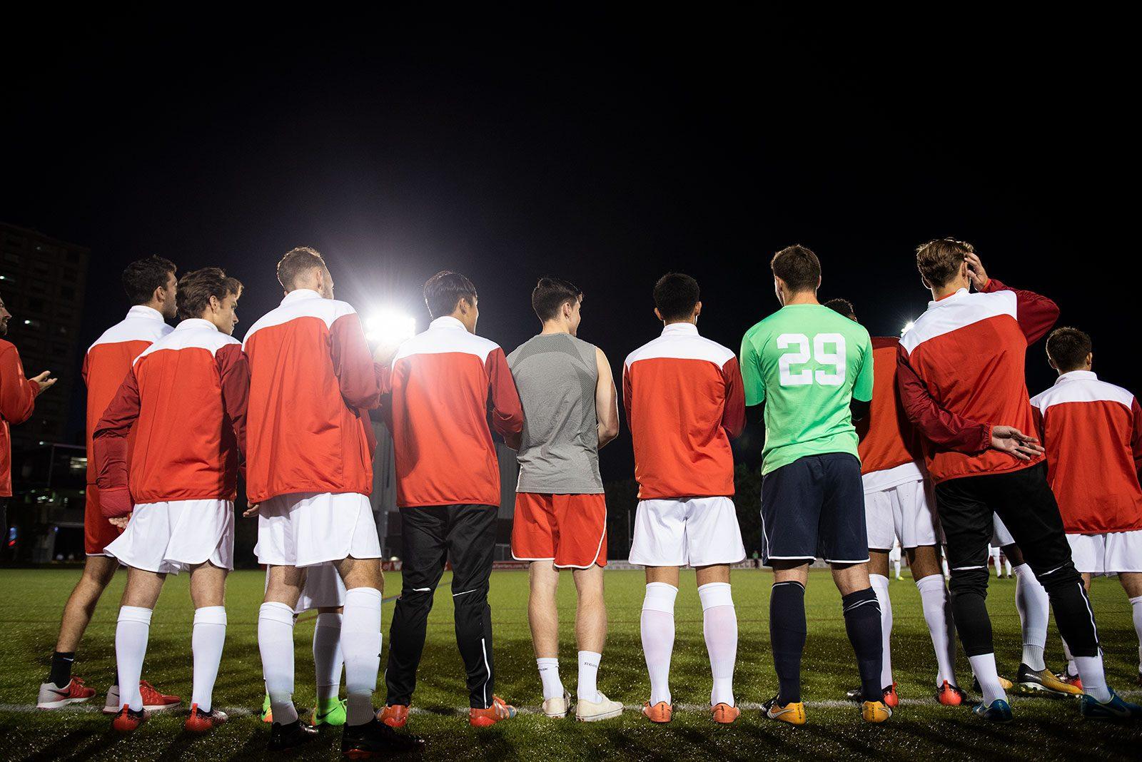 The Boston University men’s soccer team at the start of a game in October 2017. The Terriers will be hoping to register their first win of the season against Brown University. MAISIE MANSFIELD-GREENFIELD/ DFP FILE