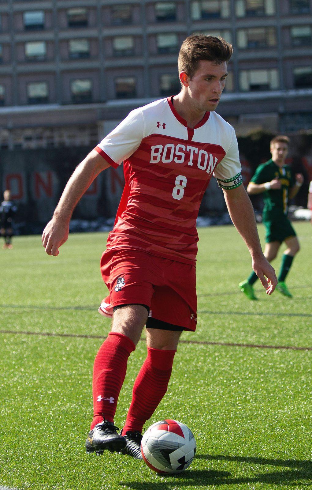 Senior forward Matt McDonnell in a March 24 game against the University of Vermont. McDonnell scored BU’s first goal of the season on Saturday against University of Massachusetts Lowell. MATTHEW WOOLVERTON/ DFP FILE
