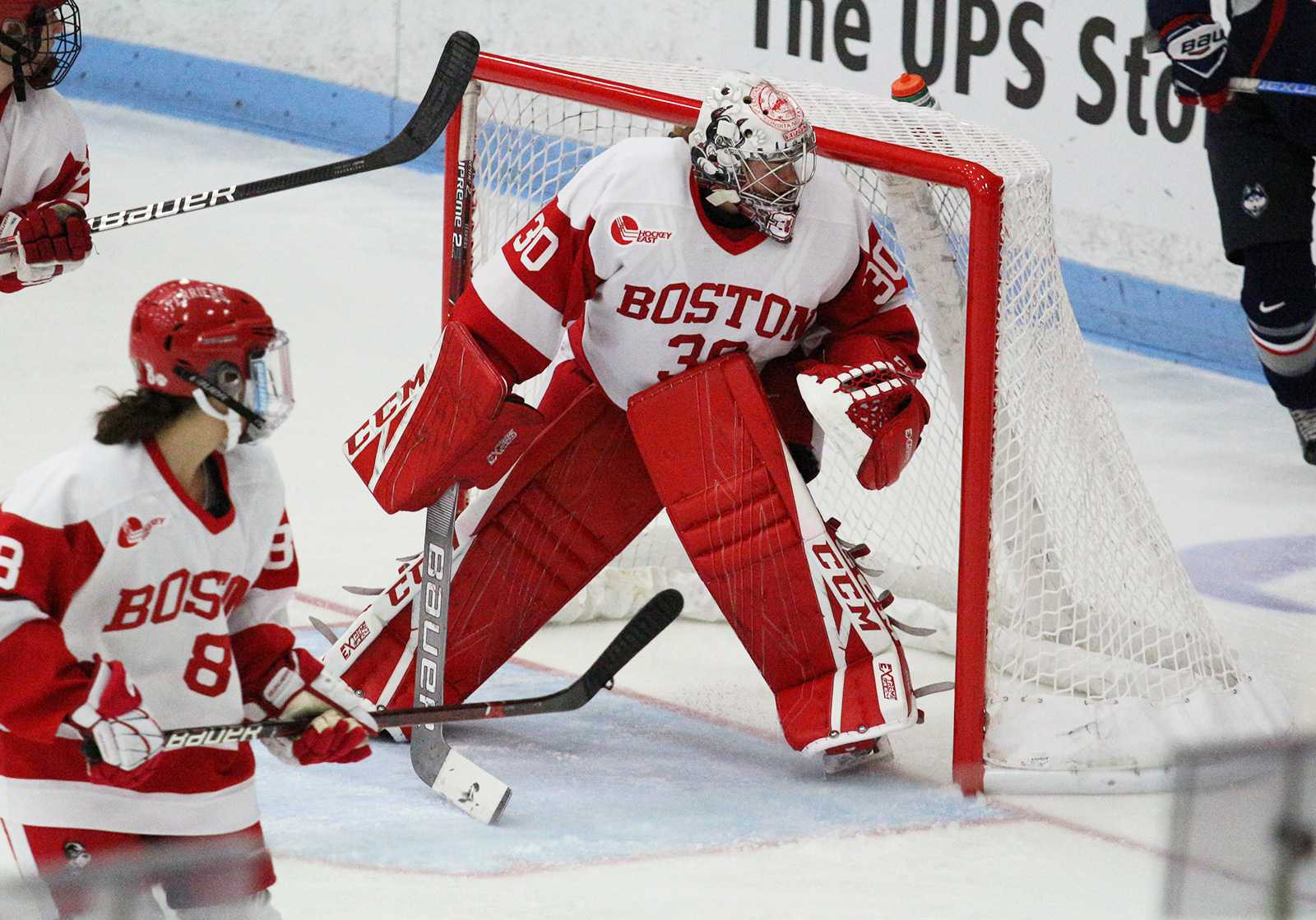 Junior goaltender Corinne Schroeder, shown in a November 2018 game against the University of Connecticut, was named a Hockey East Second Team All-Star this season with a save percentage of .943 while only allowing 1.54 goals per game. MADDIE EPPERSON/ DFP FILE