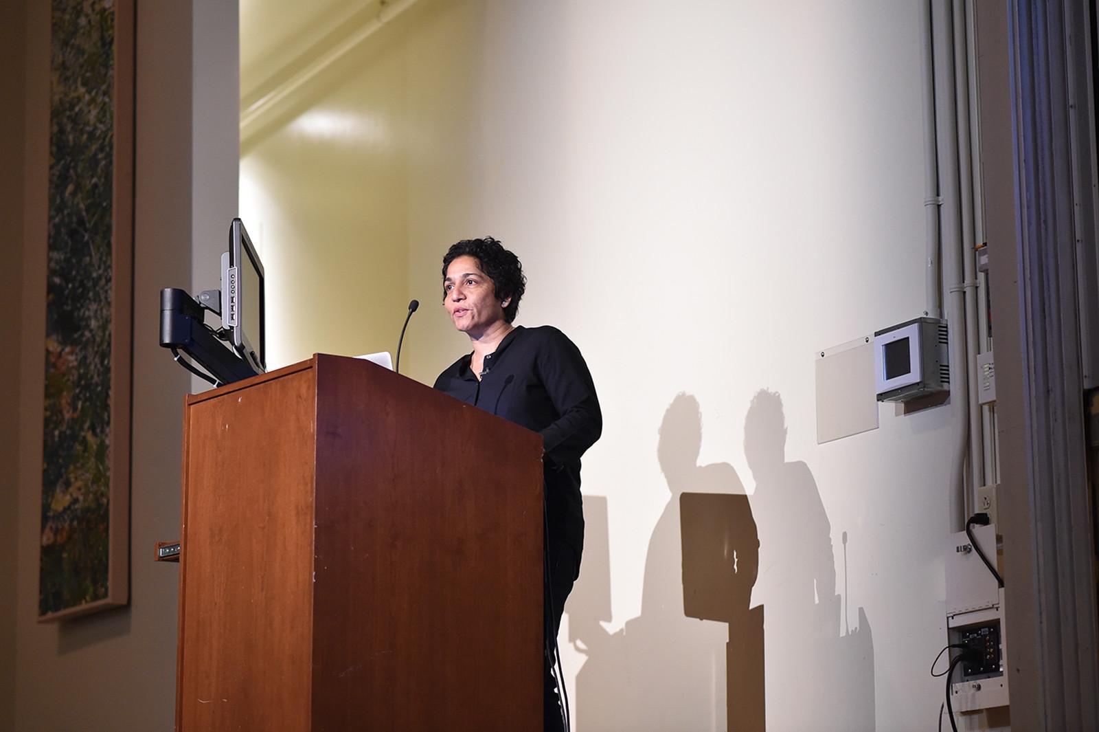 Pakistani Artist Huma Bhabha spoke about her sculptures of grotesque dignity Monday night at Sleeper Auditorium. PHOTO BY MADDIE MALHOTRA/DAILY FREE PRESS STAFF