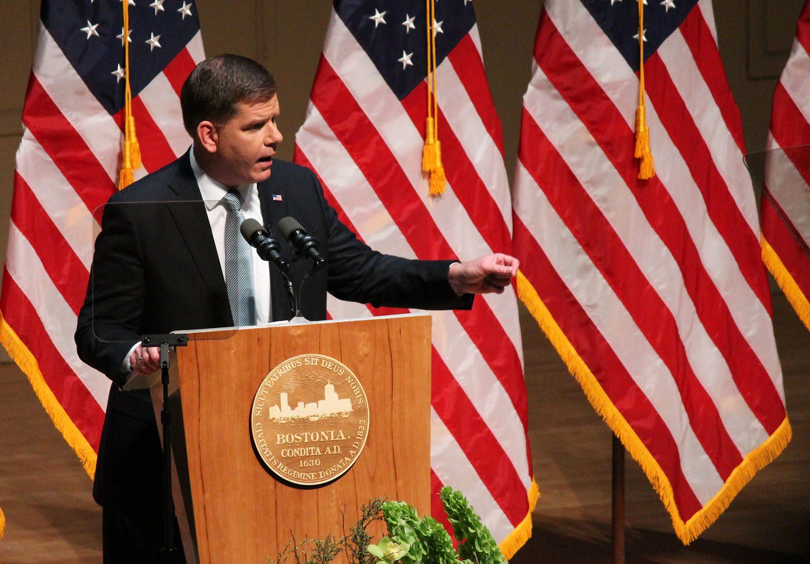Boston Mayor Martin Walsh speaks to Boston citizens in Symphony Hall at the State of the City Address last January. He recently received the 2017 Public Leadership in the Arts Award. PHOTO BY ABIGAIL FREEMAN/ DFP FILE PHOTO