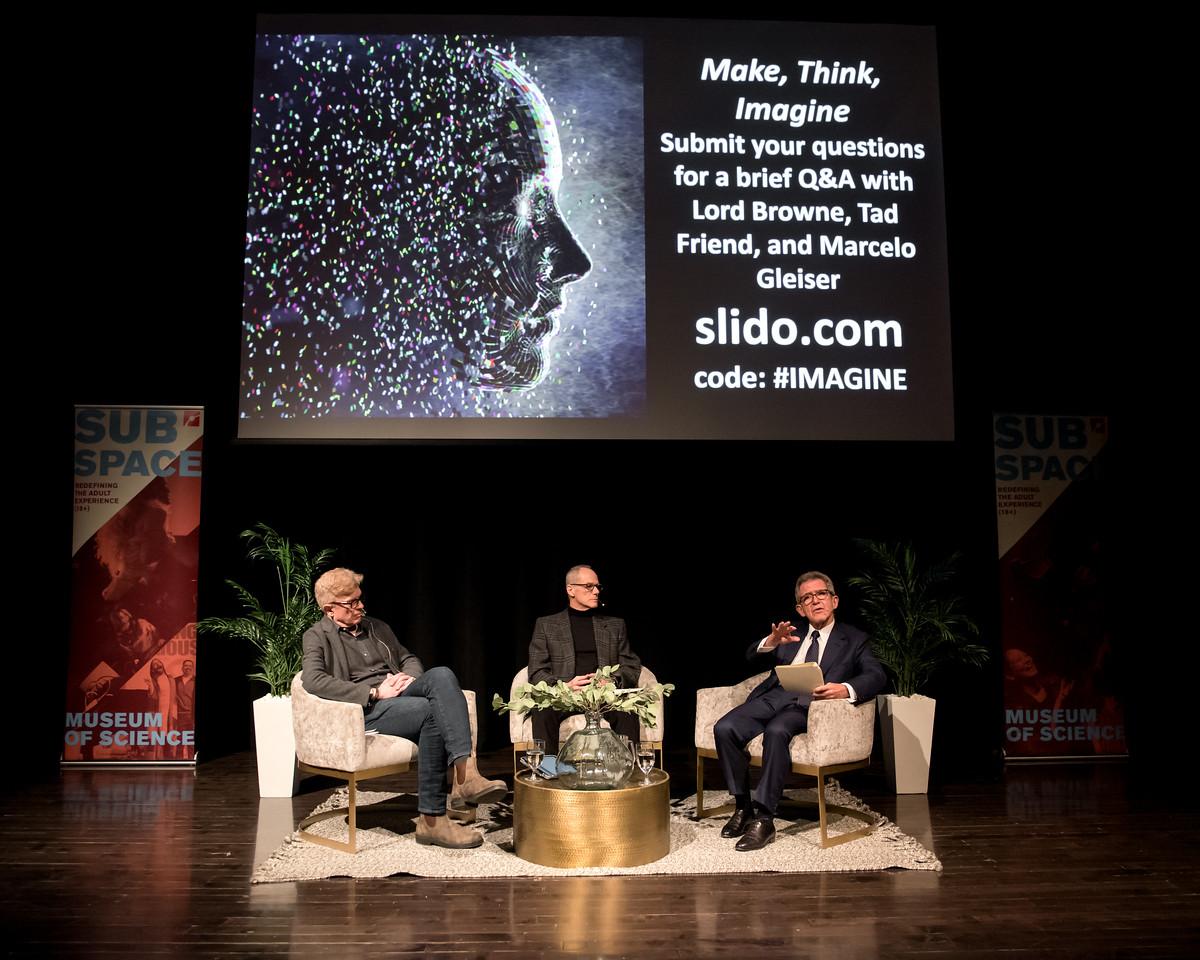 Writer Tad Friend, Astronomer and Physician Marcelo Gleiser and former Chief Executive Officer of BP Lord John Browne speak at the “Make, Think, Imagine” event Wednesday about the future of technology at Boston’s Museum of Science Wednesday. COURTESY JONATHAN BECKLEY
