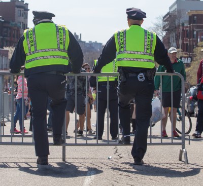 Heightened security measures along the Boston Marathon route Monday aimed to protect both runners and spectators. PHOTO BY KELSEY CRONIN/DAILY FREE PRESS STAFF