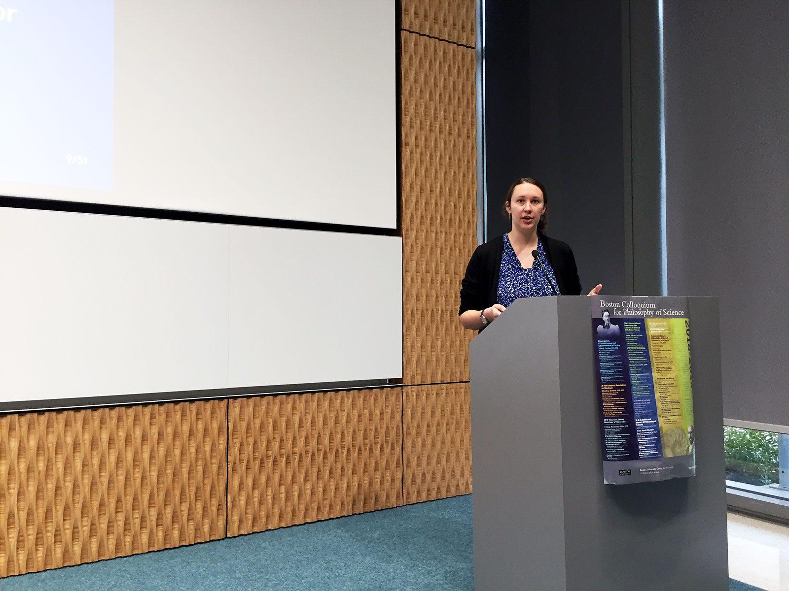 Marian Gilton, a doctoral candidate in the Department of Logic and Philosophy of Science at the University of California, Irvine, speaks at an event commemorating the centennial of Emmy Noether’s theorems at CILSE Friday afternoon. COURTESY OF CENTER OF PHILOSOPHY AND HISTORY OF SCIENCE