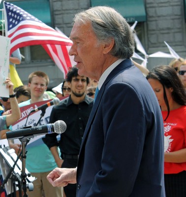 U.S. Sen. Edward Markey speaks at a rally for clean energy. Markey and U.S. Rep. Joe Kennedy III increased pressure on federal regulators to reevaluate energy prices across New England. PHOTO BY KAREN MURPHY/FLICKR