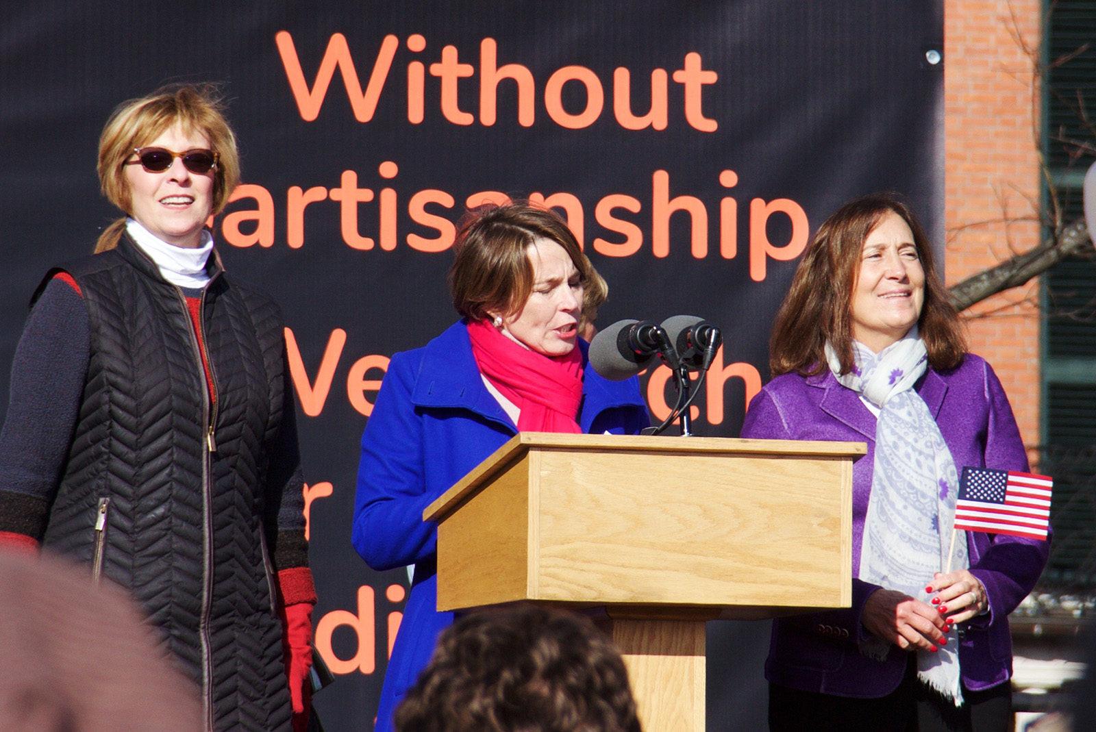 Massachusetts Attorney General Maura Healey speaks at the Boston Women’s March on Jan. 21. Healey has sued the federal government following the Trump administration’s new regulations regarding birth control.  PHOTO BY OLIVIA FALCIGNO/ DFP FILE PHOTO