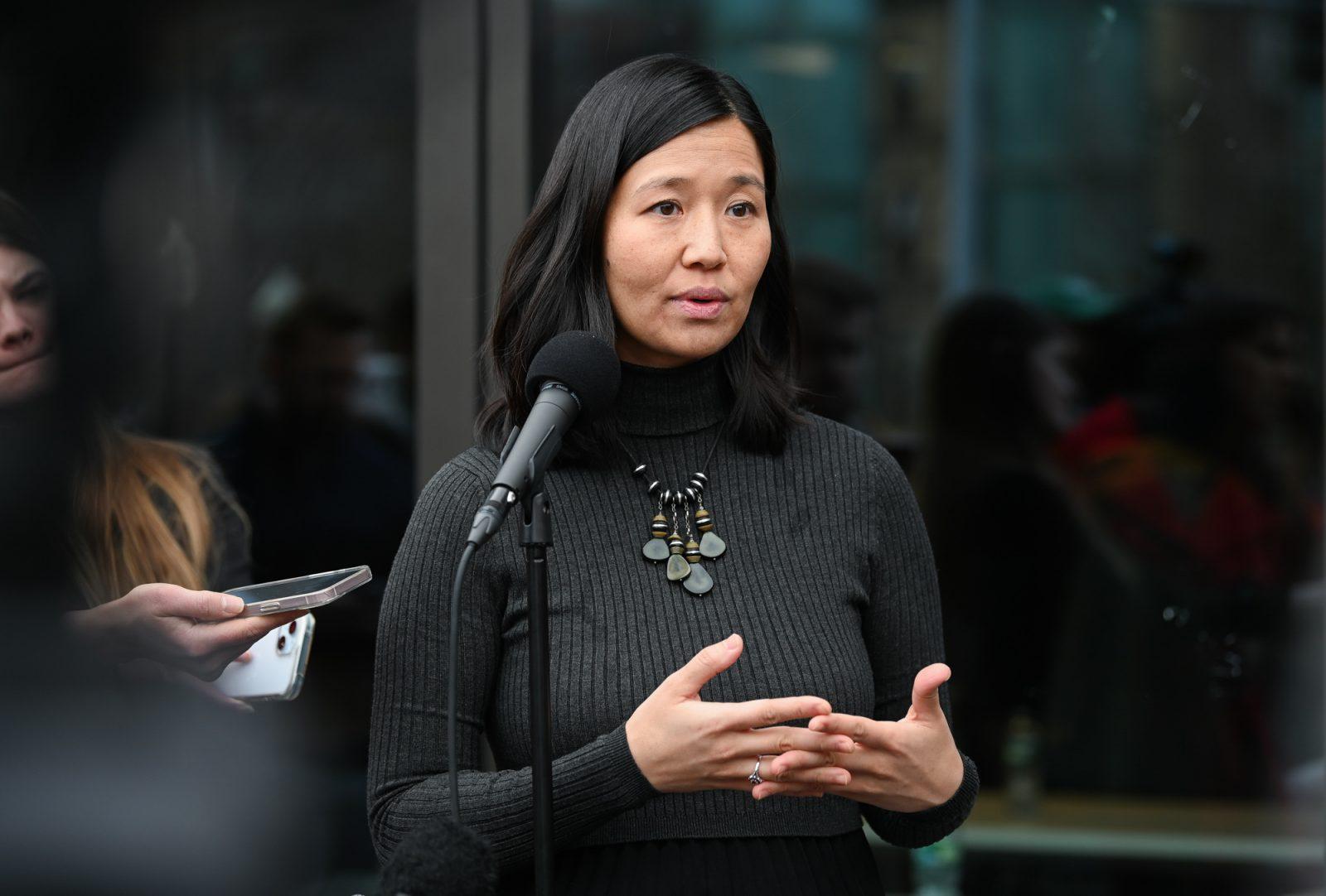Mayor Wu speaks at a press conference outside of Boston City Hall on February 25. Wu testified in front of the United States House Oversight Committee on Wednesday. COURTESY OF CITY OF BOSTON MAYOR'S OFFICE