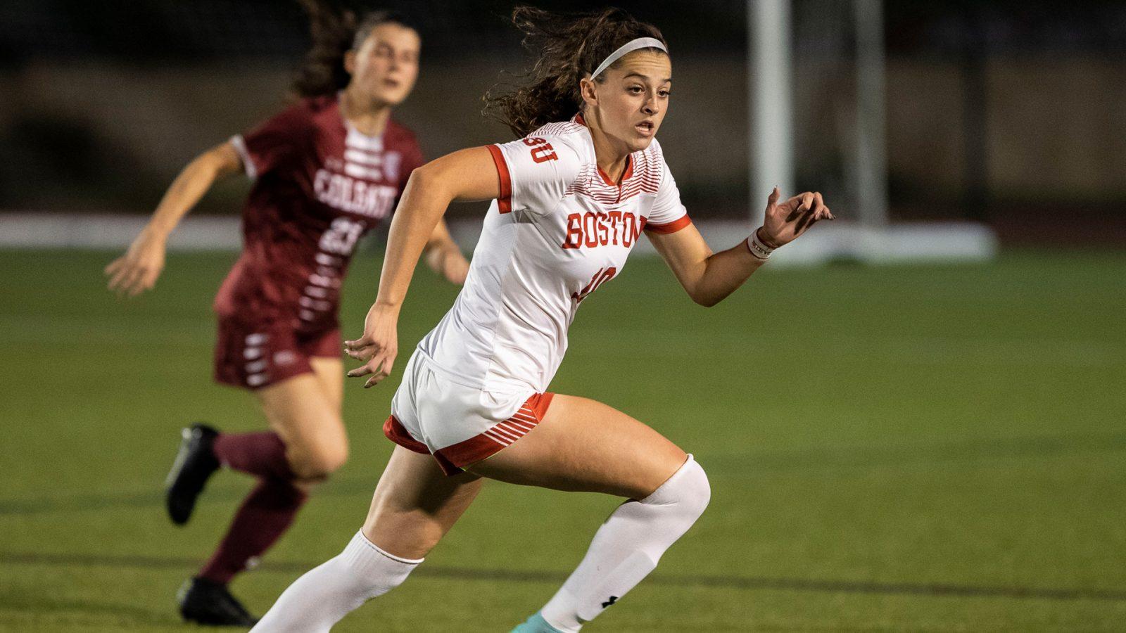 Junior forward Abigail McNulty during a match against Colgate University on Sept. 22, 2021. The Terriers were defeated by Michigan on Aug. 28. COURTESY OF MATT WOOLVERTON/BU ATHLETICS.