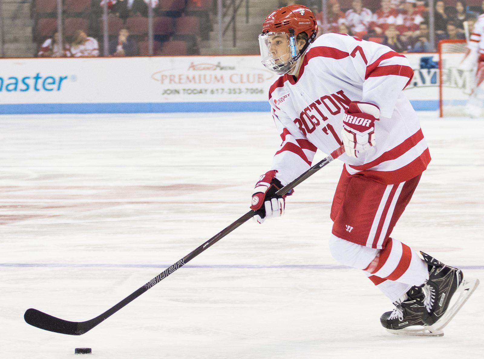 At the end of the 2016-17 season, Charlie McAvoy made the jump from BU to the Bruins. PHOTO BY JUSTIN HAWK/ DFP FILE PHOTO
