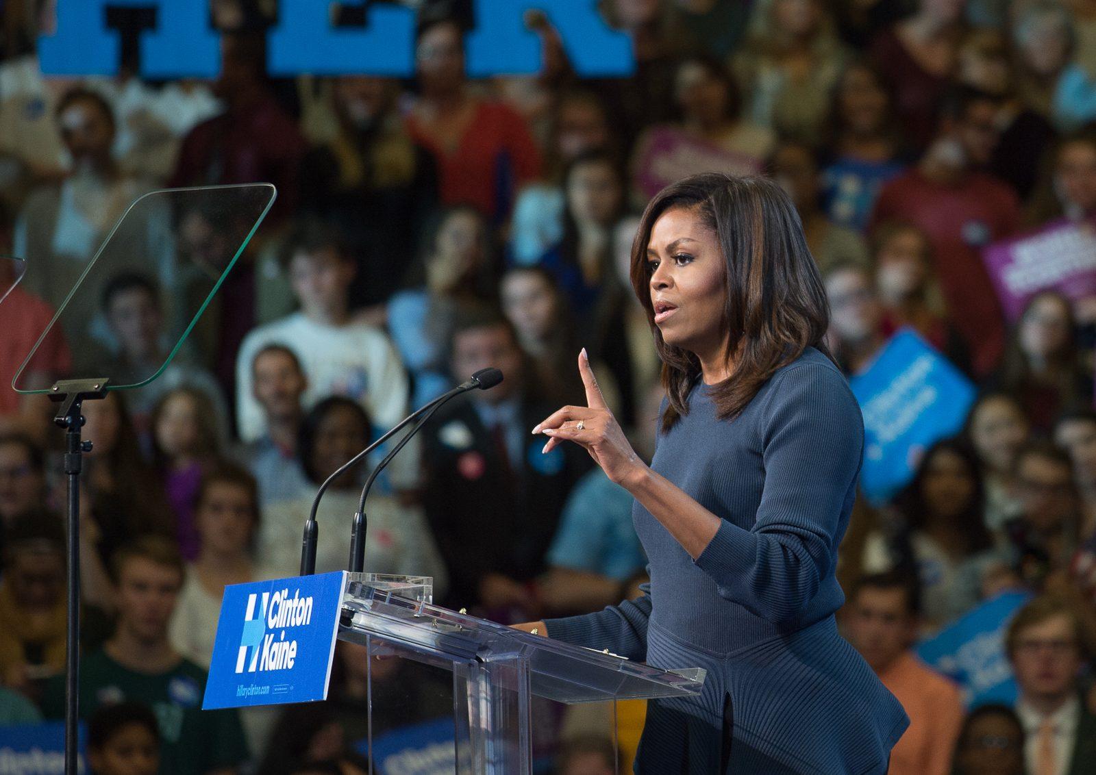 The first lady speaks about Hillary Clinton during a campaign event at Southern New Hampshire University. PHOTO BY MADDIE MALHOTRA/ DAILY FREE PRESS STAFF