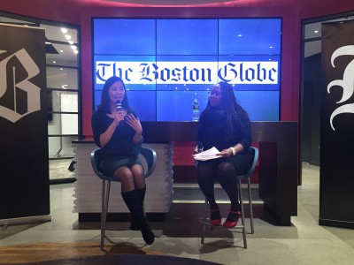 Michelle Wu speaks about her work as City Council president at a sit-down conversation hosted by The Boston Globe at the Capital One Café Monday evening. PHOTO BY MADDIE DOMENICHELLA/DAILY FREE PRESS STAFF