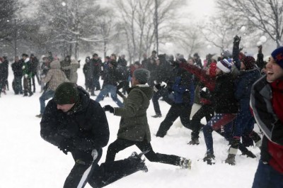 Students participate in a snow ball fight on the Esplanade last February. PHOTO BY MICHAEL DESOCIO/DAILY FREE PRESS STAFF 