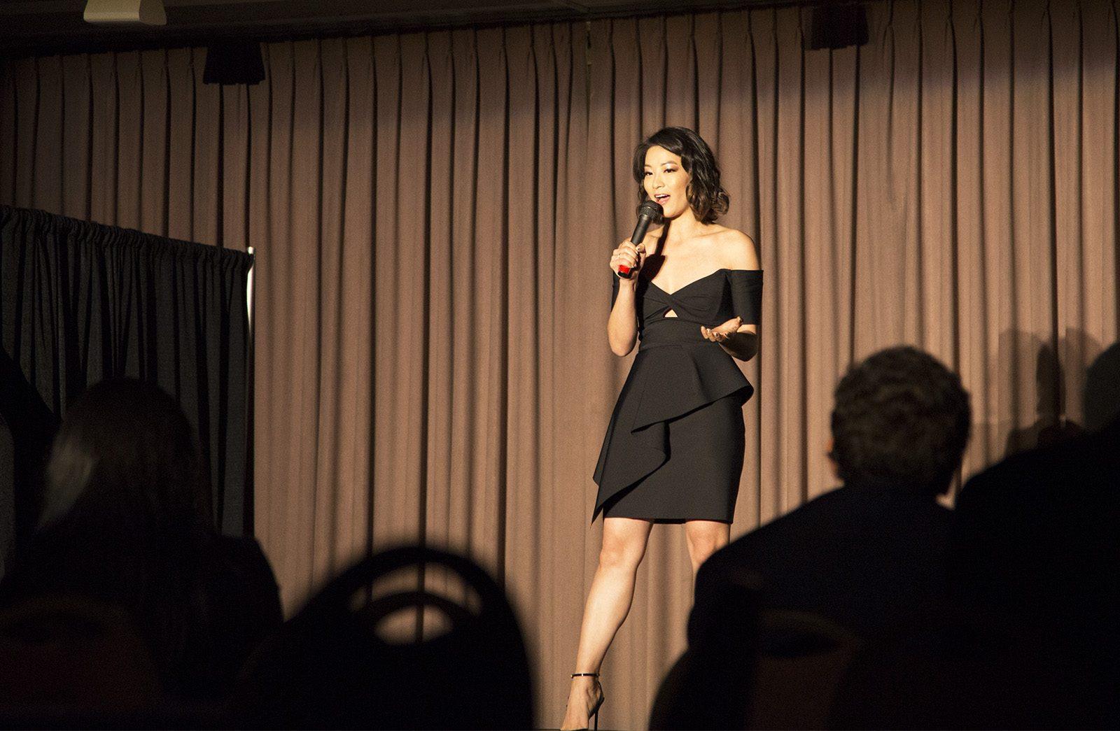 Arden Cho speaks at the George Sherman Union Wednesday night about the challenges minorities and women face in the entertainment industry. PHOTO BY HALEY ABRAM/ DAILY FREE PRESS STAFF