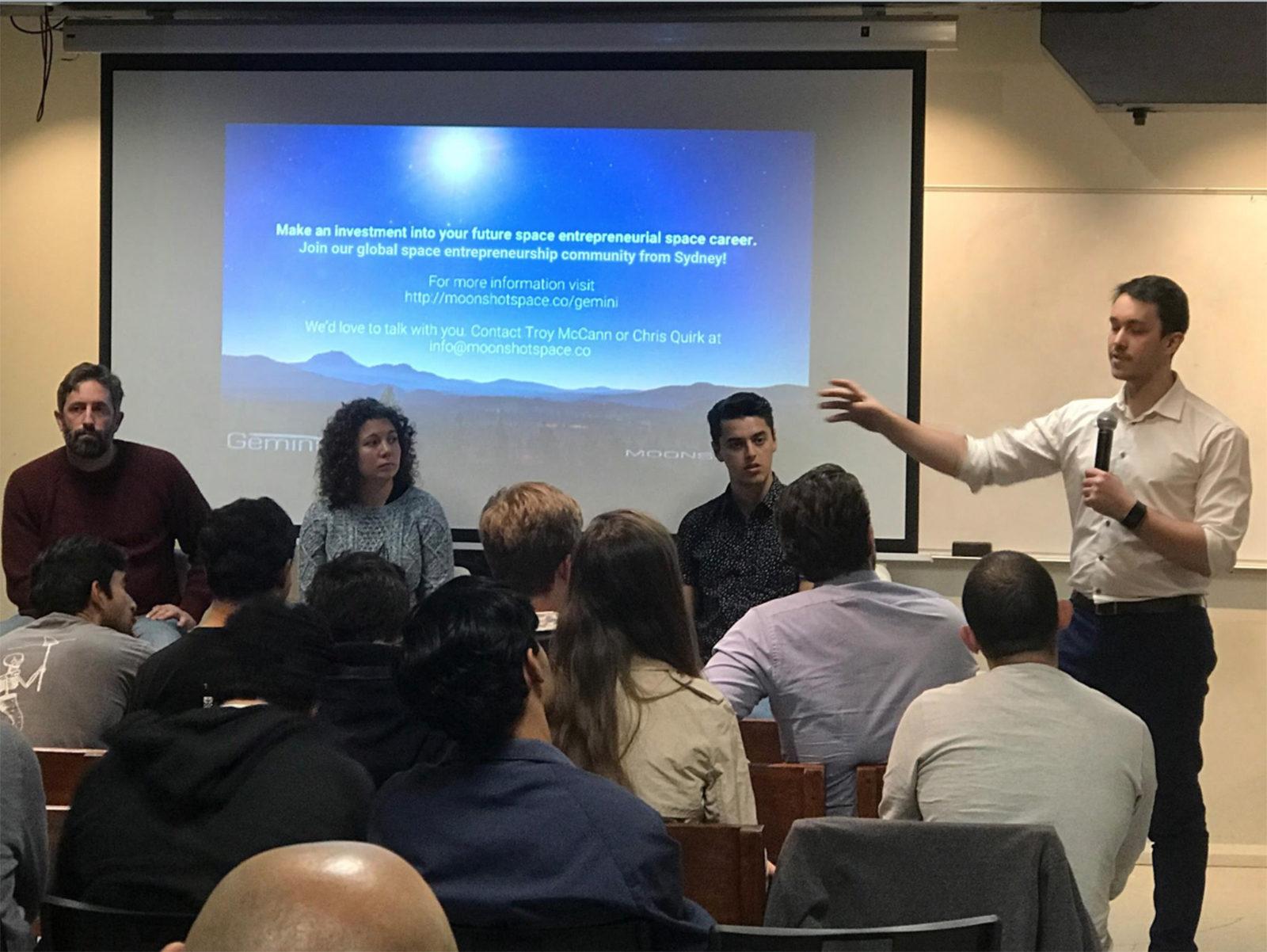 MoonshotX founder Troy McCann speaks at “It’s Not Rocket Science! How to get into the Space Business” Sept. 7 at Canopy City in Somerville. PHOTO COURTESY NICOLA OJERHOLM