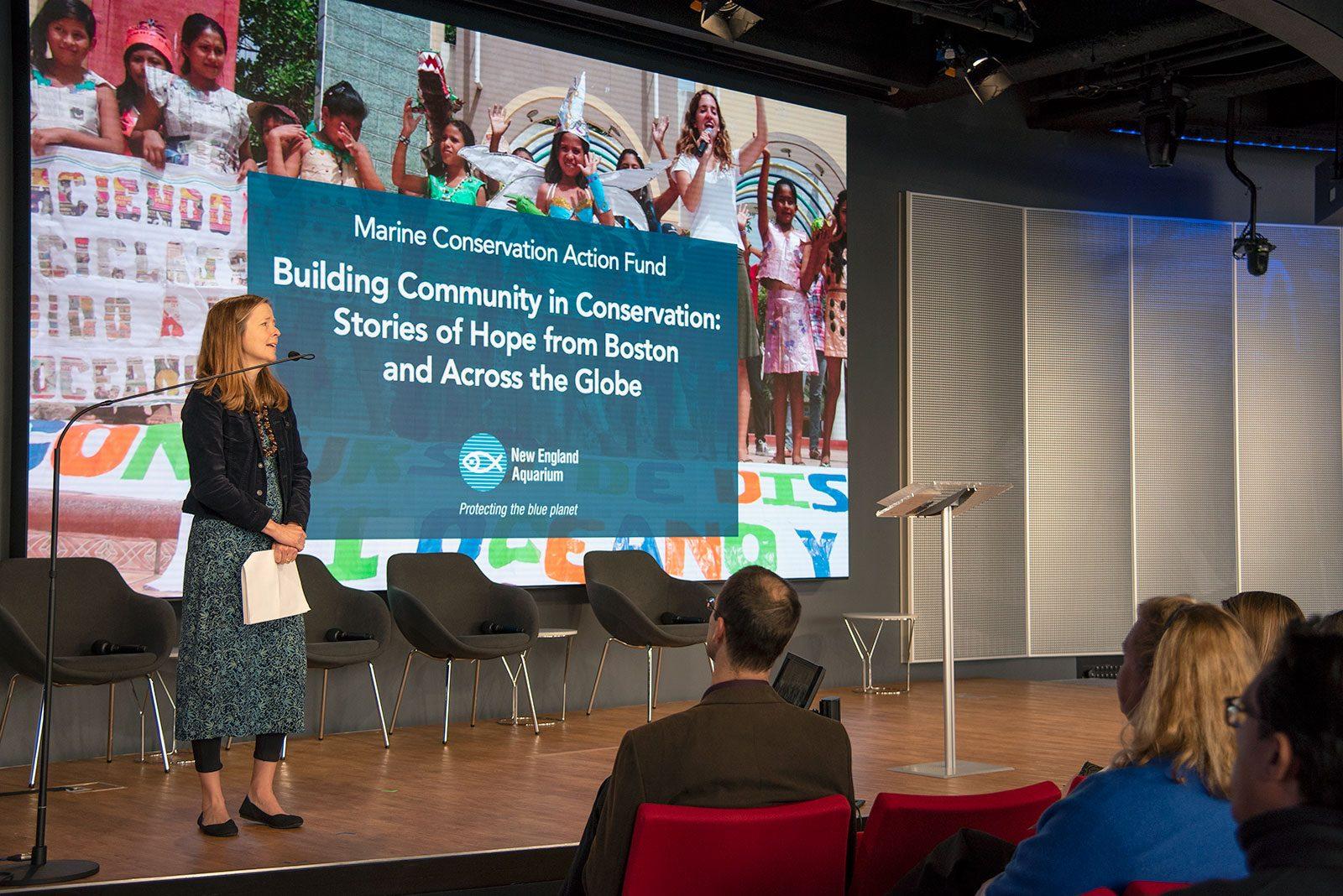 Elizabeth Stephenson, program officer and chair of the Marine Conservation Action Fund, addresses attendees at a conservation symposium organized by the New England Aquarium. DANIEL MU/ DAILY FREE PRESS