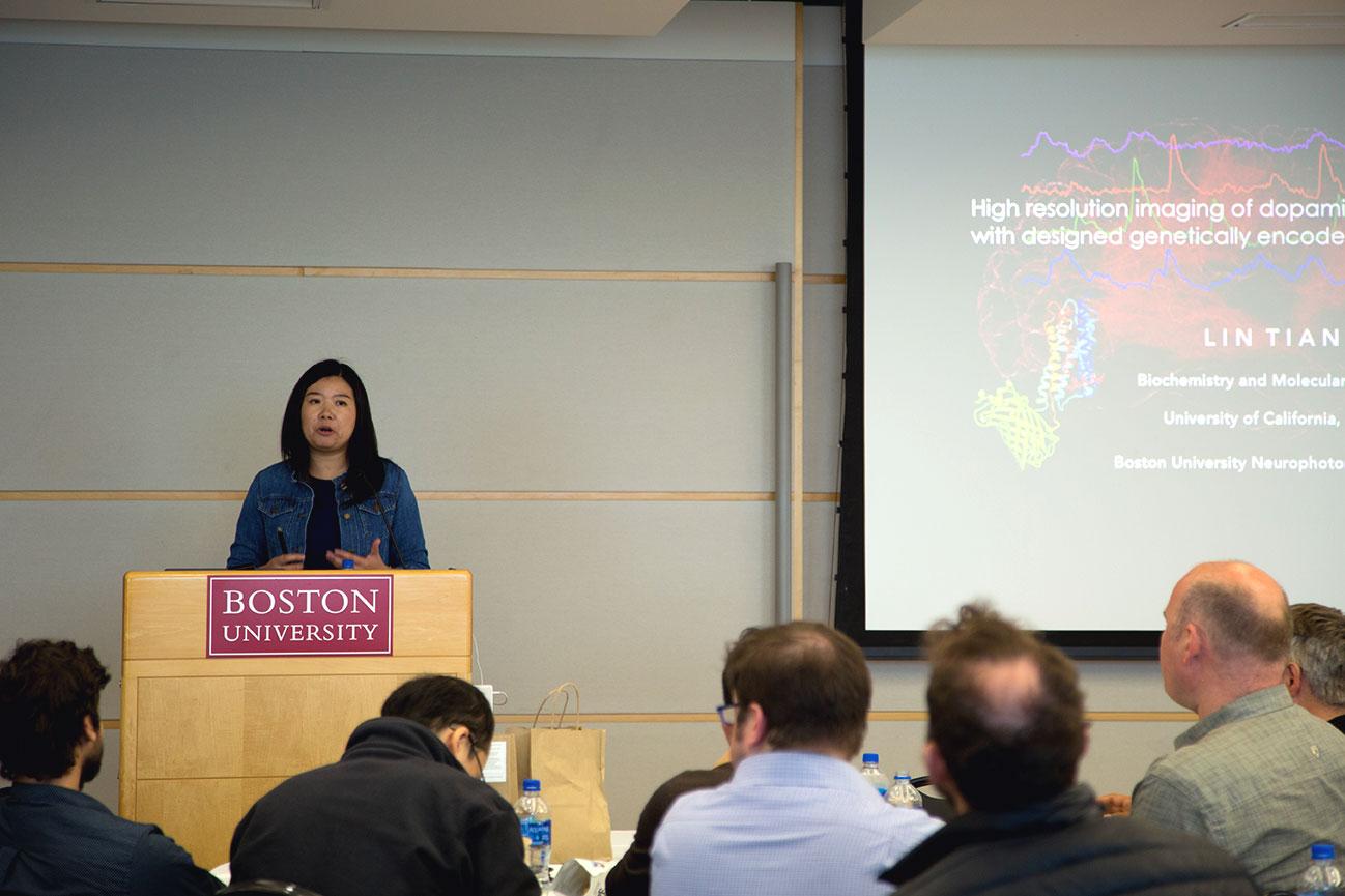 Lin Tian, Ph.D, professor at UC Davis, speaks at the Biology, Neurophotonics and NRT Seminar at Boston University Monday. PHOTO BY HALEY ABRAM/ DAILY FREE PRESS STAFF