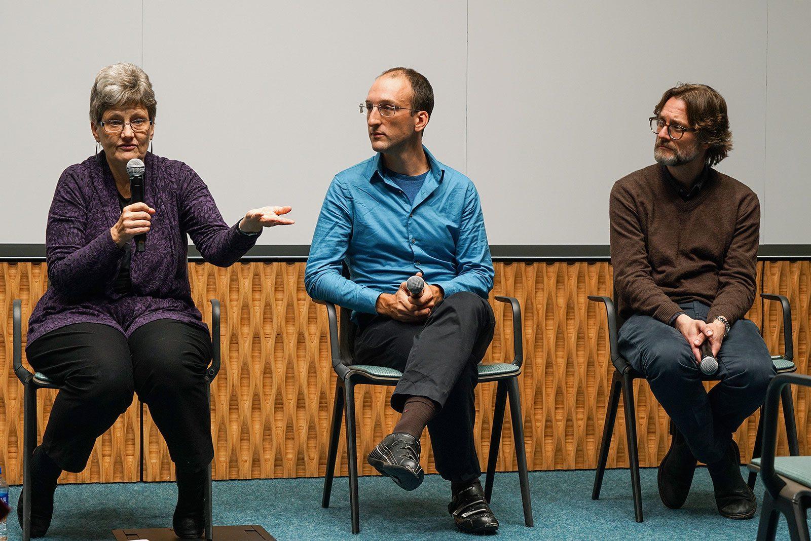 From left to right: Lisbeth Gronlund, Michael Short and David Schumacher speak after a screening of Schumacher’s documentary film “The New Fire.” SERENA YU/ DAILY FREE PRESS STAFF