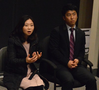 Eunju Kim and Gwangsung Jung answer audience questions during “North Korea Information Highway: Driving Changes in North Korea” Monday at Boston University’s School of Education. PHOTO BY ERIN BILLINGS/DAILY FREE PRESS STAFF 