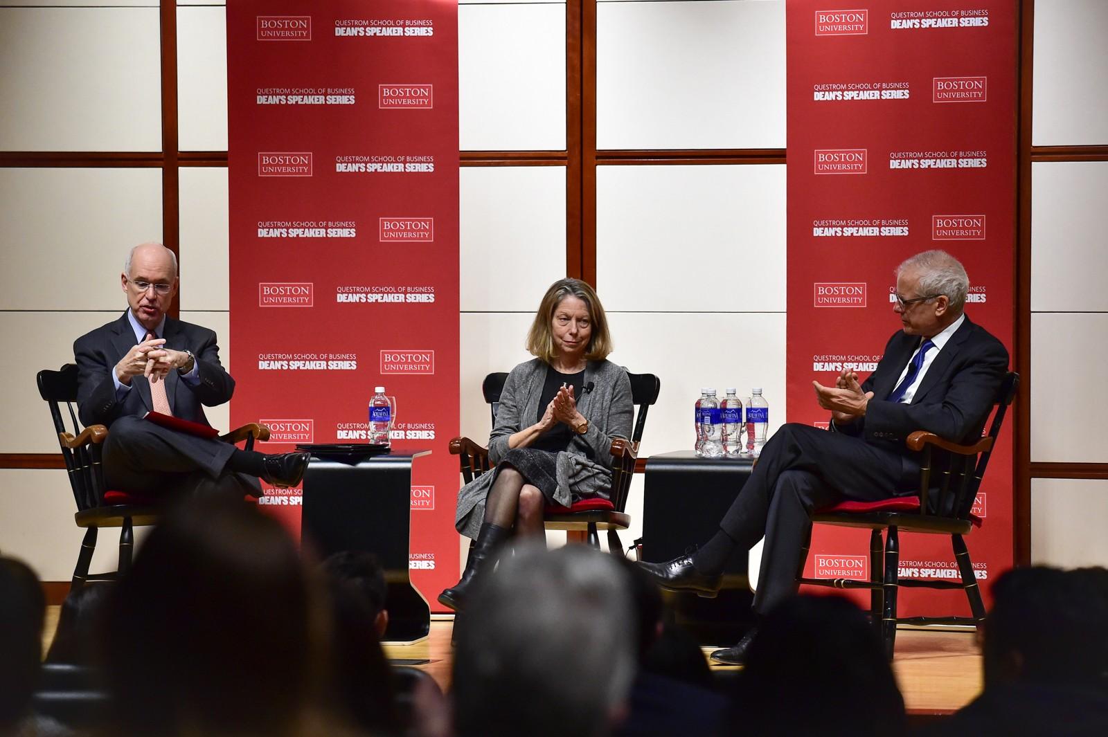 Kenneth Freeman, dean of the Boston University Questrom School of Business; Martin Nisenholtz, former chief digital officer of The New York Times; and Jill Abramson, former executive editor of the Times, speak at the Dean’s Speaker Series in the Questrom Auditorium Monday afternoon. PHOTO BY MADDIE MALHOTRA/DAILY FREE PRESS STAFF 