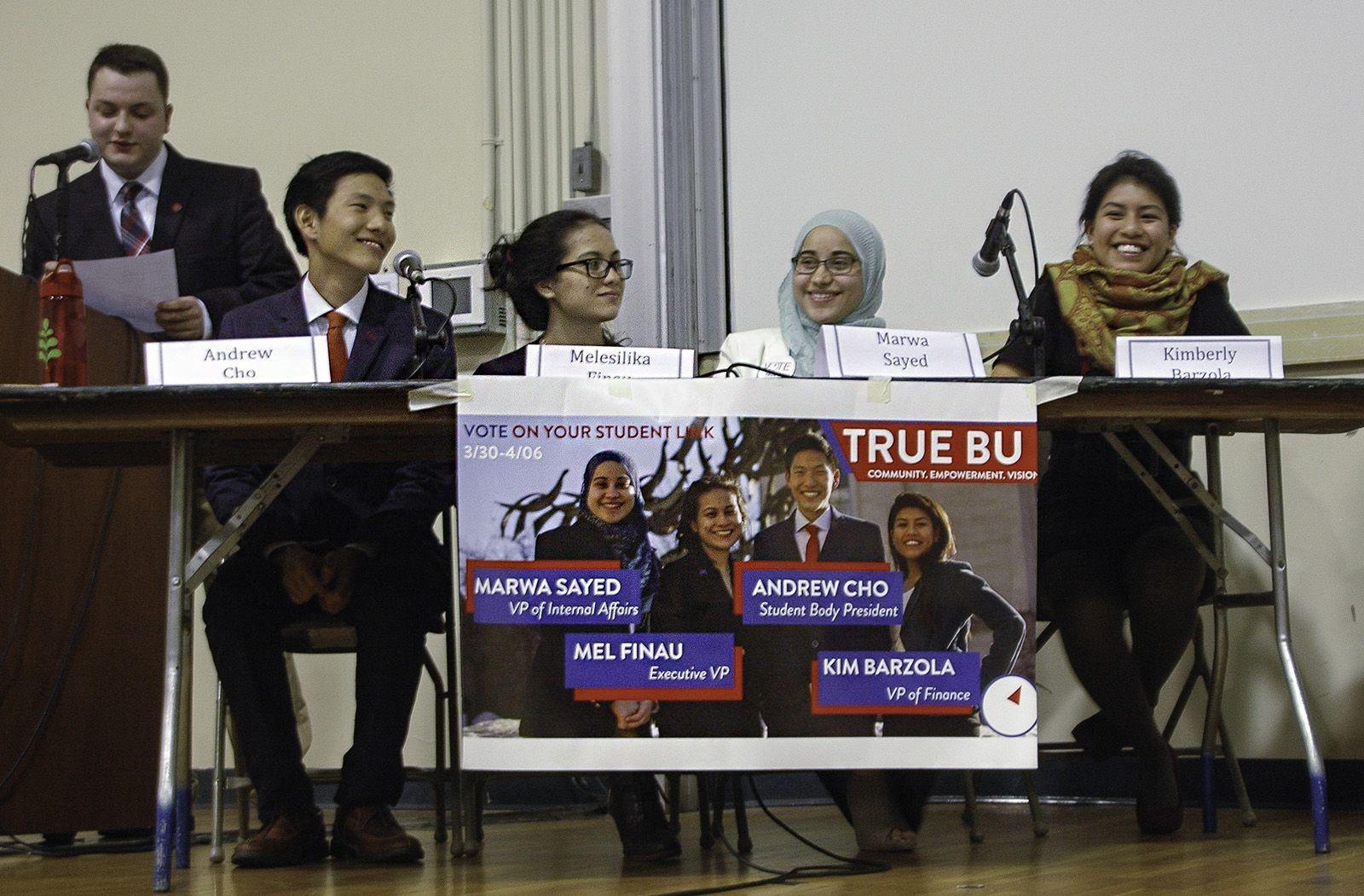 Members of the TrueBU Student Government slate Andrew Cho (CAS '16), Melesilika Finau (CAS '16), Marwa Sayed (CAS '17) and Kimberly Barzola (CAS '17) speak at a slate debate in the George Sherman Union Thursday. PHOTO BY ALEX MASSET/DAILY FREE PRESS STAFF


