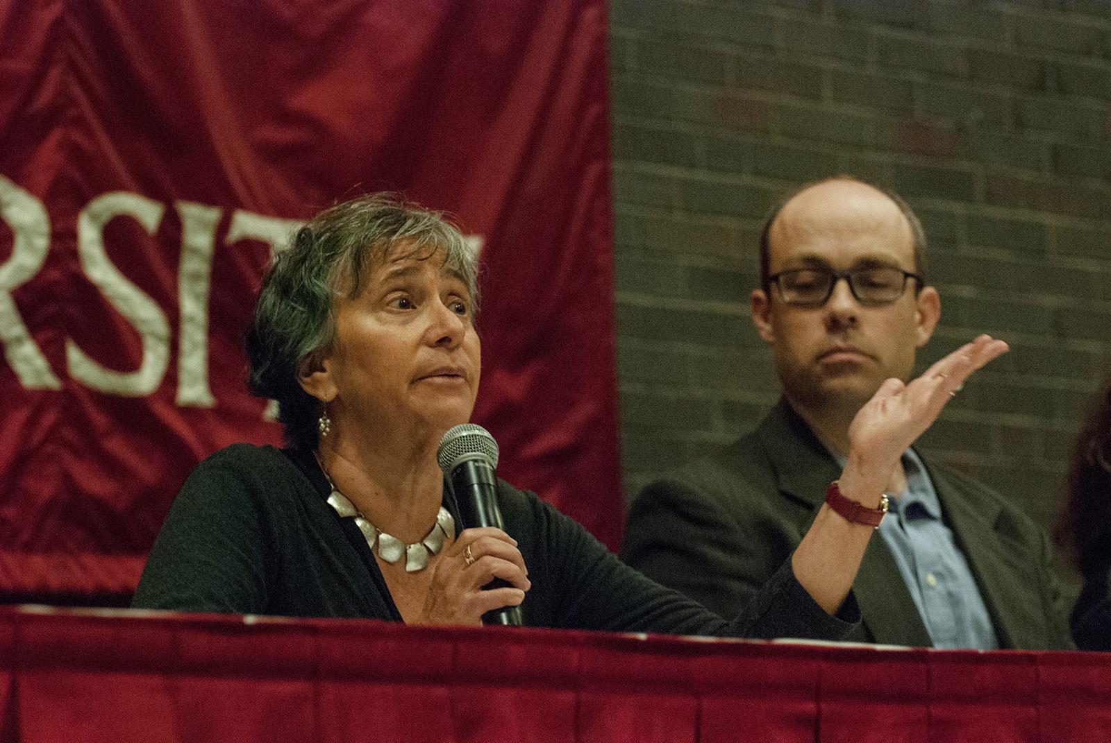 Professor Nina Silber speaks at the Student-Faculty Forum, “Lessons from Charlottesville,” Tuesday night at the George Sherman Union Metcalfe Ballroom about the history of protesting confederate monuments. PHOTO BY BILLY BEVEVINO/ DAILY FREE PRESS STAFF