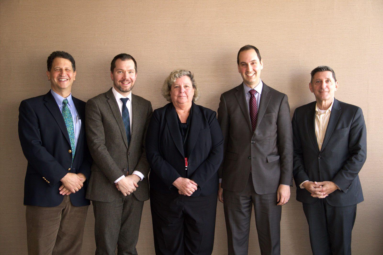 Daniel Alford, Gregory Dorchak, Kim Greene, Eric Gold and Michael Botticelli took part in a panel titled “The Law v. Opioids: Battling the Epidemic” at the Boston Medical Center Monday. COURTESY OF JAINAI JONES/ BMC