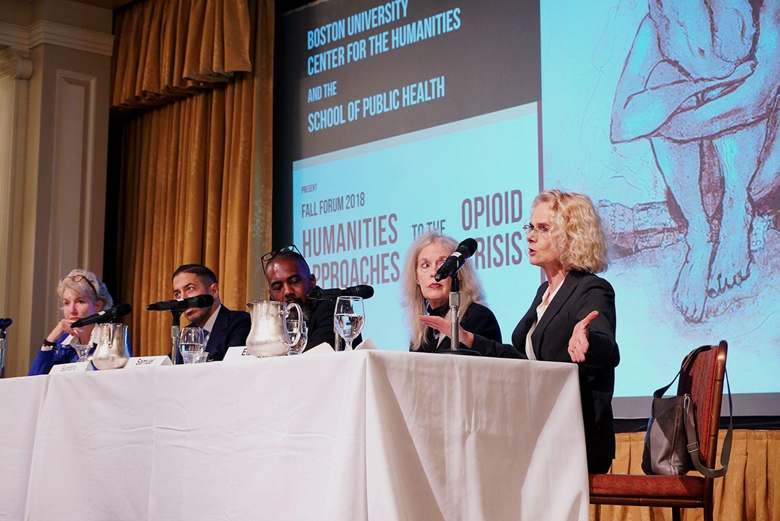Nora Volkow speaks at “Humanities Approaches to the Opioid Crisis” Friday with moderator Martha Bebinger and co-panelists Sandro Galea, Samuel Kelton Roberts and Elaine Scarry. SOPHIE PARK/ DAILY FREE PRESS STAFF