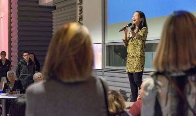 Open Style Lab Co-Founder Grace Teo speaks at BostonTalks Happy Hour: Odd Jobs Thursday evening. PHOTO COURTESY SHELDON GOLDER