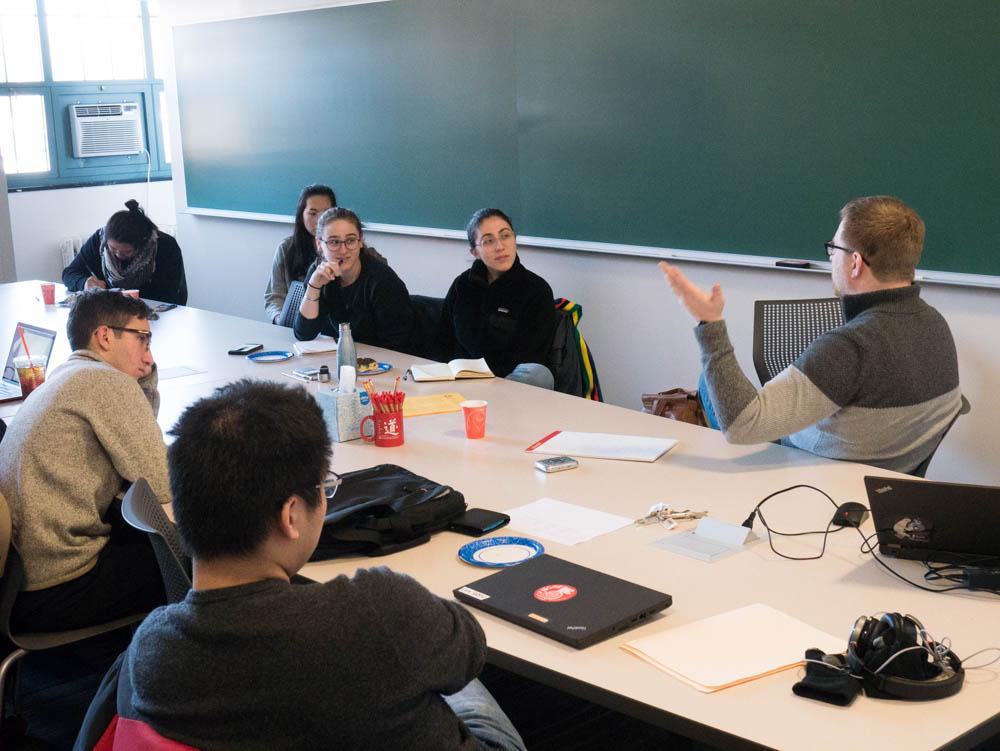 Zachary Bos, the editor of New England Review of Books, speaks during Pub Con at BU on Sunday morning. PHOTO BY FELIX PHILLIPS/ DAILY FREE PRESS STAFF

